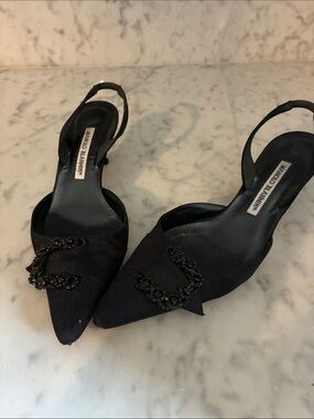 Manolo Blahnik Black Brocade Beaded Pointed Toe Carolyne Slingbacks